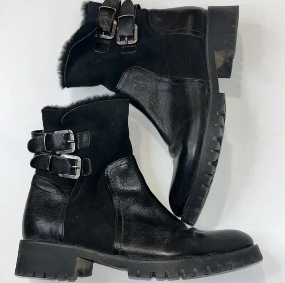 Napoleoni Designer Leather Shearling Lined Moto Combat Biker Boots 38 Black 7.5